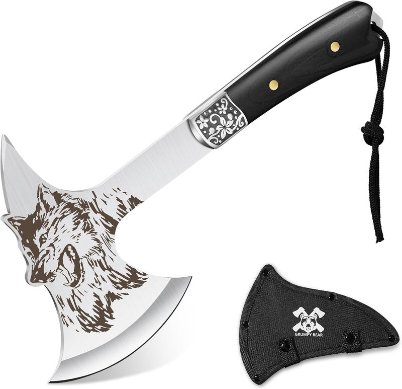 GRUMPY BEAR Camping Hatchet with Wolf Carving, Full Tang Outdoor Axe with Decorative Handle, Durable Forged Blade for Hiking, Bushcraft, and Survival - Image 1